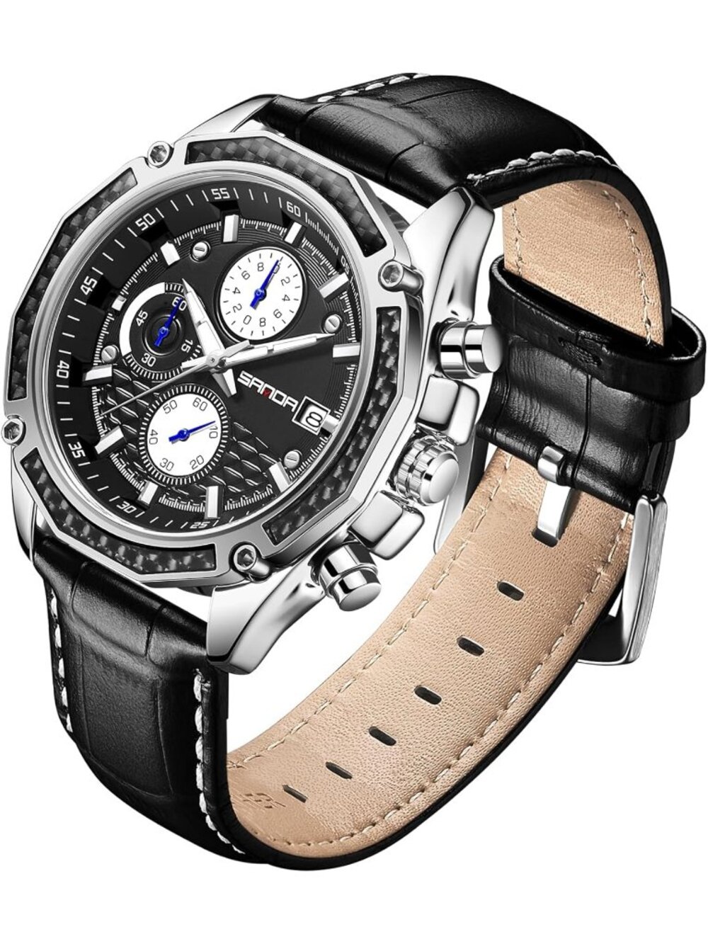 Men's Black And Silver Analog Leather Strap Waterproof Chronograph Classic Watch